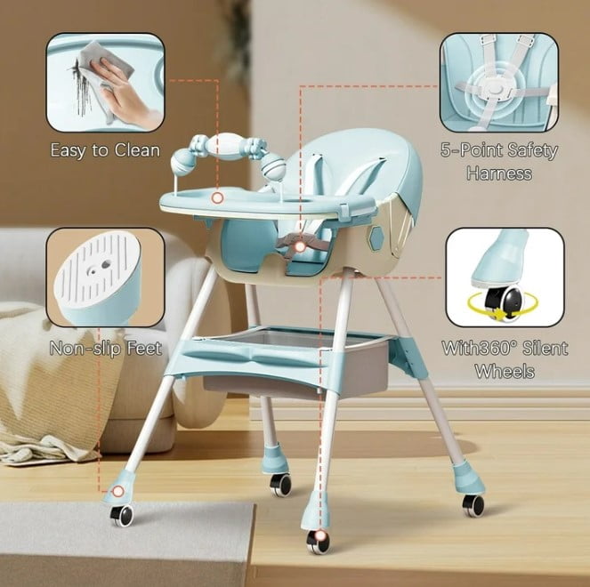 LHUAI, Foldable Baby High Chair, 4 in 1 Convertible High Chairs, With 5-Point Safety Harness, Adjustable Dining Tray & Backrest & Height, Easy To Clean Surface, For Babies And Toddlers, Light Blue