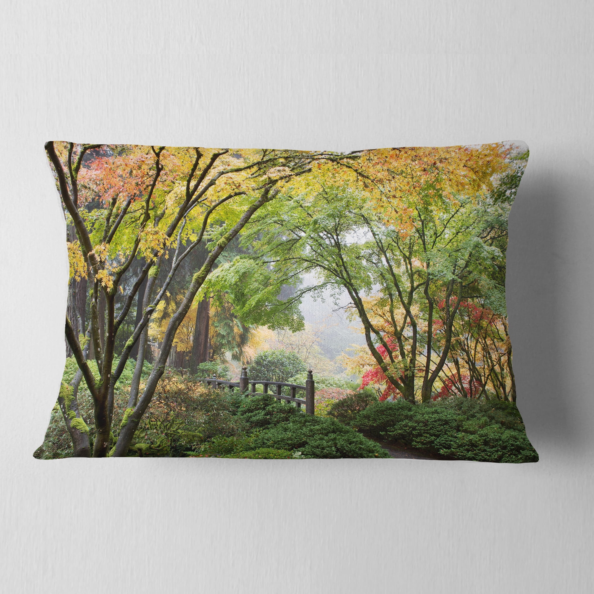 Designart Maple Tree Canopy by Bridge - Photography Throw Pillow - 12x20