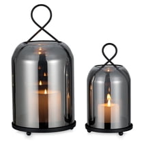 Glasseam Set of 2 Black Metal Glass Hurricane Lantern: Farmhouse Style Candle Holders with Clear Dome for Pillar Candles, Tabletop or Hanging Decor (S/L)