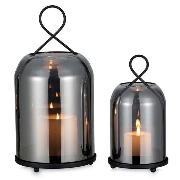 Glasseam Set of 2 Black Metal Glass Hurricane Lantern: Farmhouse Style Candle Holders with Clear Dome for Pillar Candles, Tabletop or Hanging Decor (S/L)