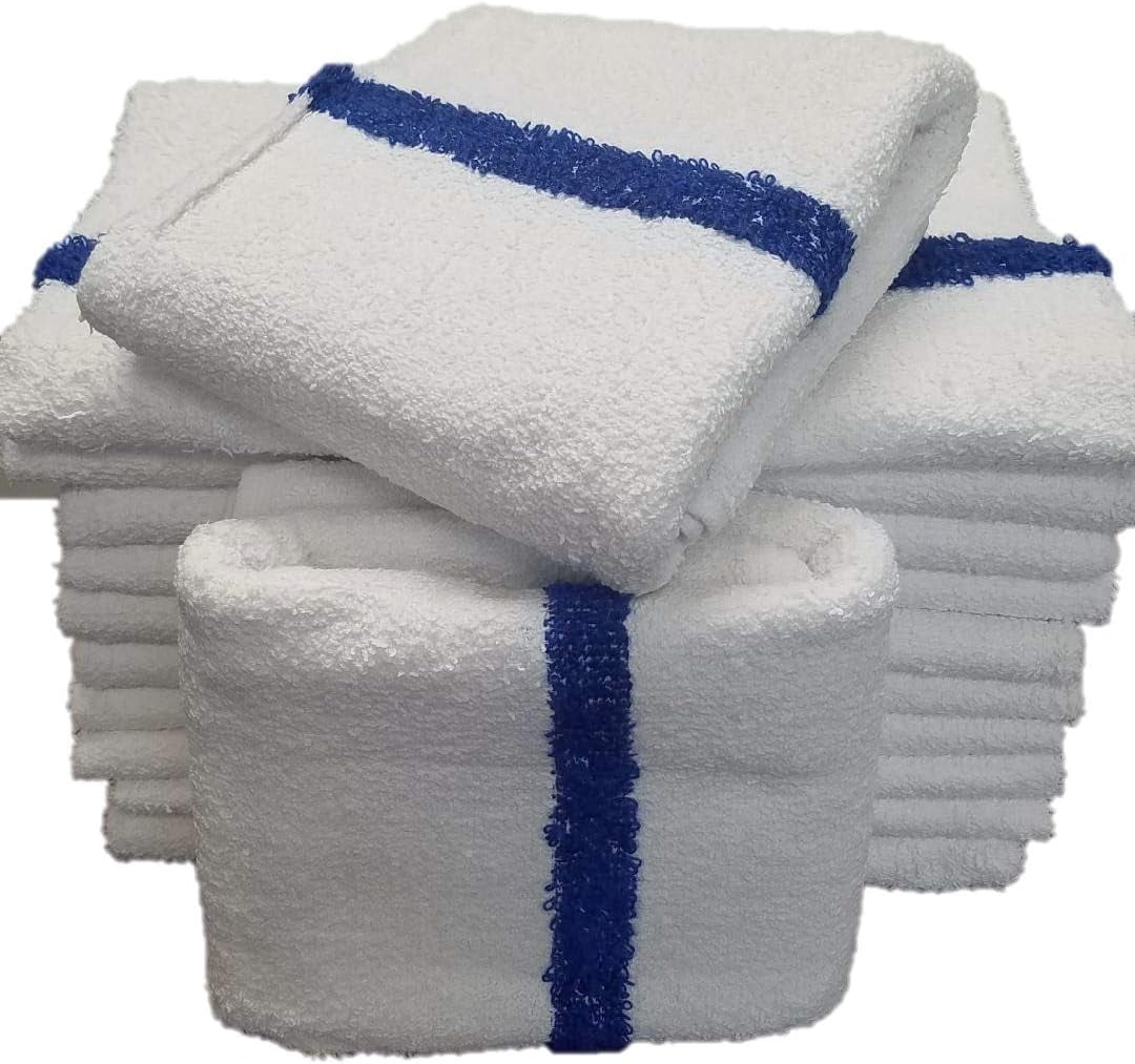 Towels N More 12 Pack 24x48 Soft Poolside Towels, Large Super Absorbent Pool Towel White with Blue Center Stripe for Home Pool Spa Gym Hotel Motel Rental Room Use 100% Cotton Bath Towels