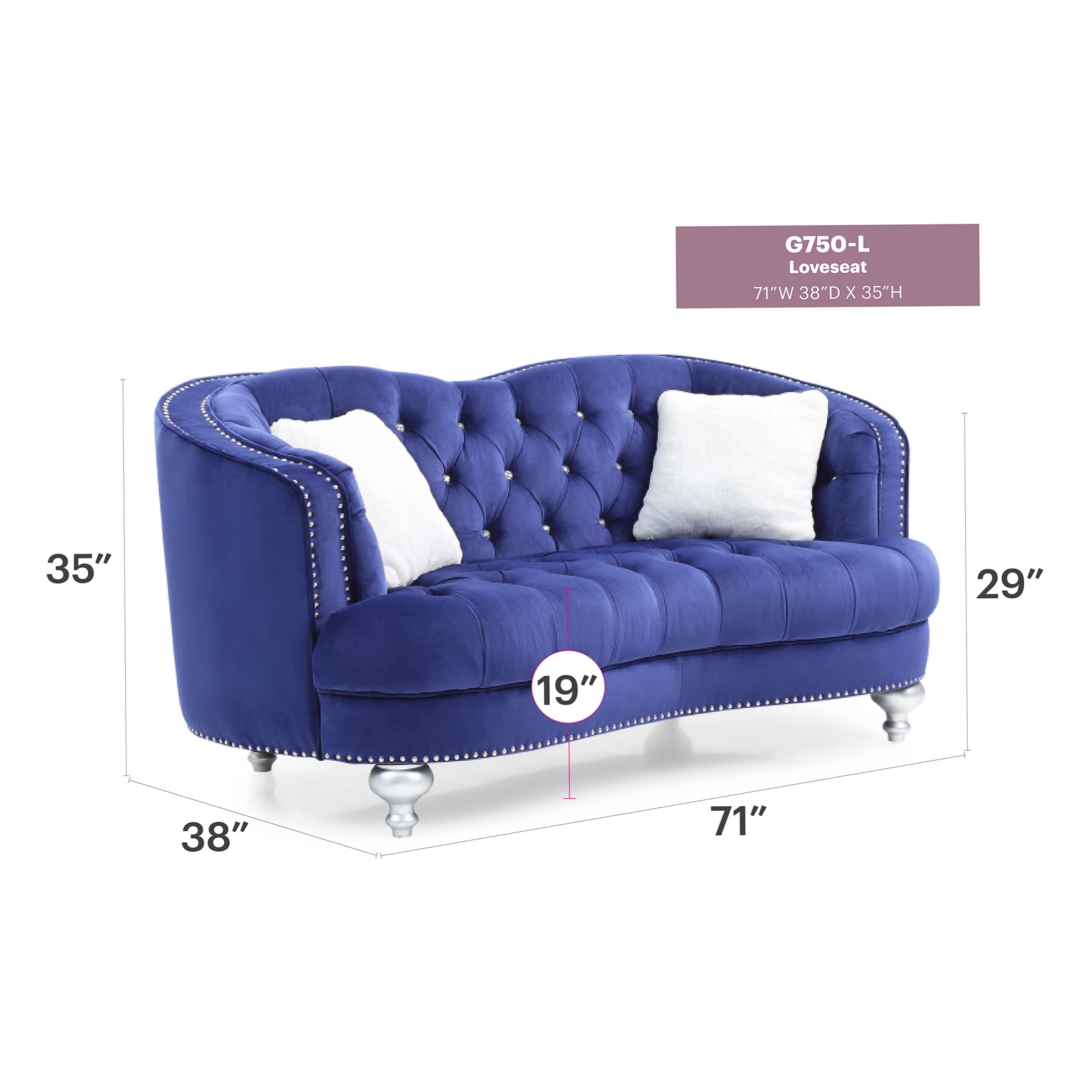 Blue Velvet Traditional Loveseat Sofa for Two, Cozy Upholstered Bench Couch with Recessed Arms