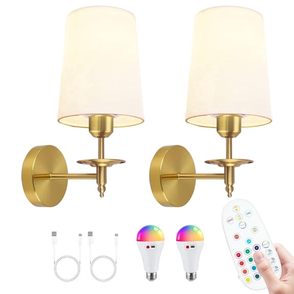 Hlite Smart Rechargeable Battery Operated Wall Sconce with Remote,3CCT & RGB Dimmable LED Bulb,Gold Metal & White Fabric Shade Wall Lights for Bedroom,Living Room(Set of 2)