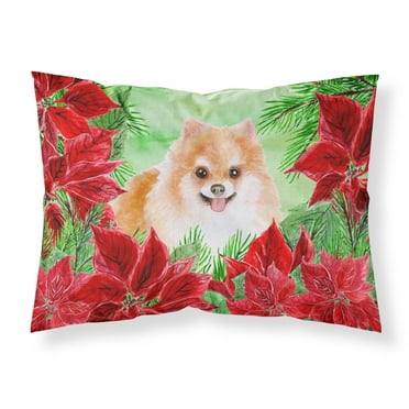 Pomeranian 2 Poinsettas Fabric Standard Pillowcase