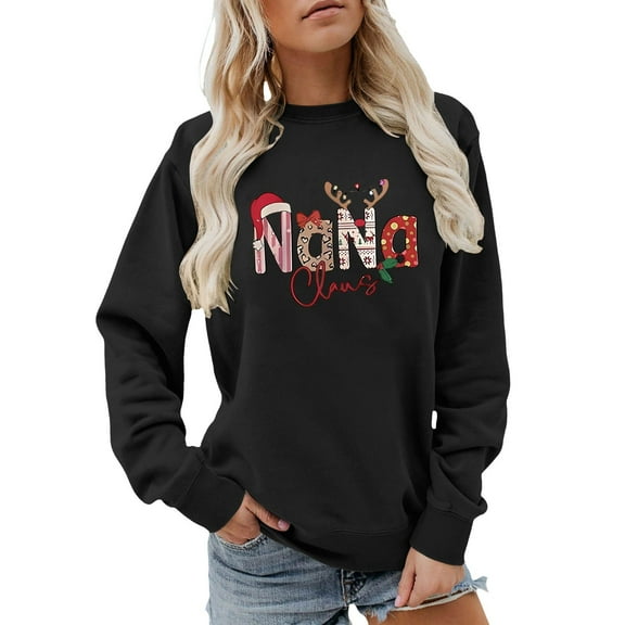 Womens Christmas Sweatshirts Grandma Xmas Nana Claus Print Long Sleeve Crewneck Shirts Holiday Party Casual Trendy Pullover Tops