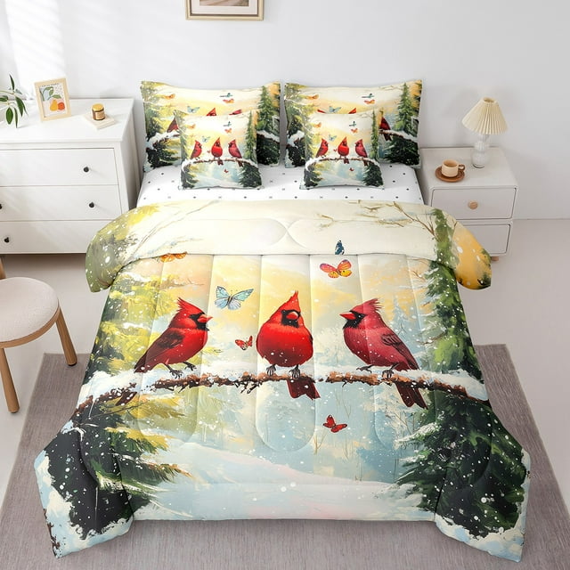 YST 7 Piece Red Cardinal King Comforter Set with Sheets,Winter Snow Bird Bedding Set Christmas Decorations for Home,Xmas Tree Butterfly Bed Set with Fitted Sheet,Flat Sheet