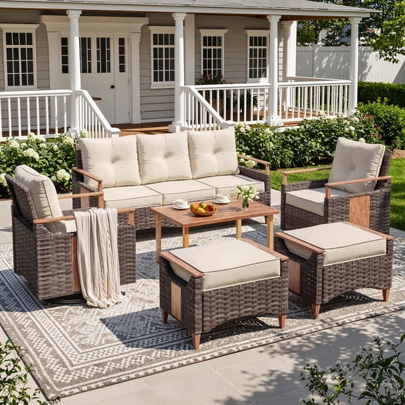 NestNook 6-Piece Outdoor Conversation Set with 2 Swivel Rocker Chairs, 3-Seat Sofa, 2 Ottomans, Aluminum Coffee Table for Porch, Deck, Backyard