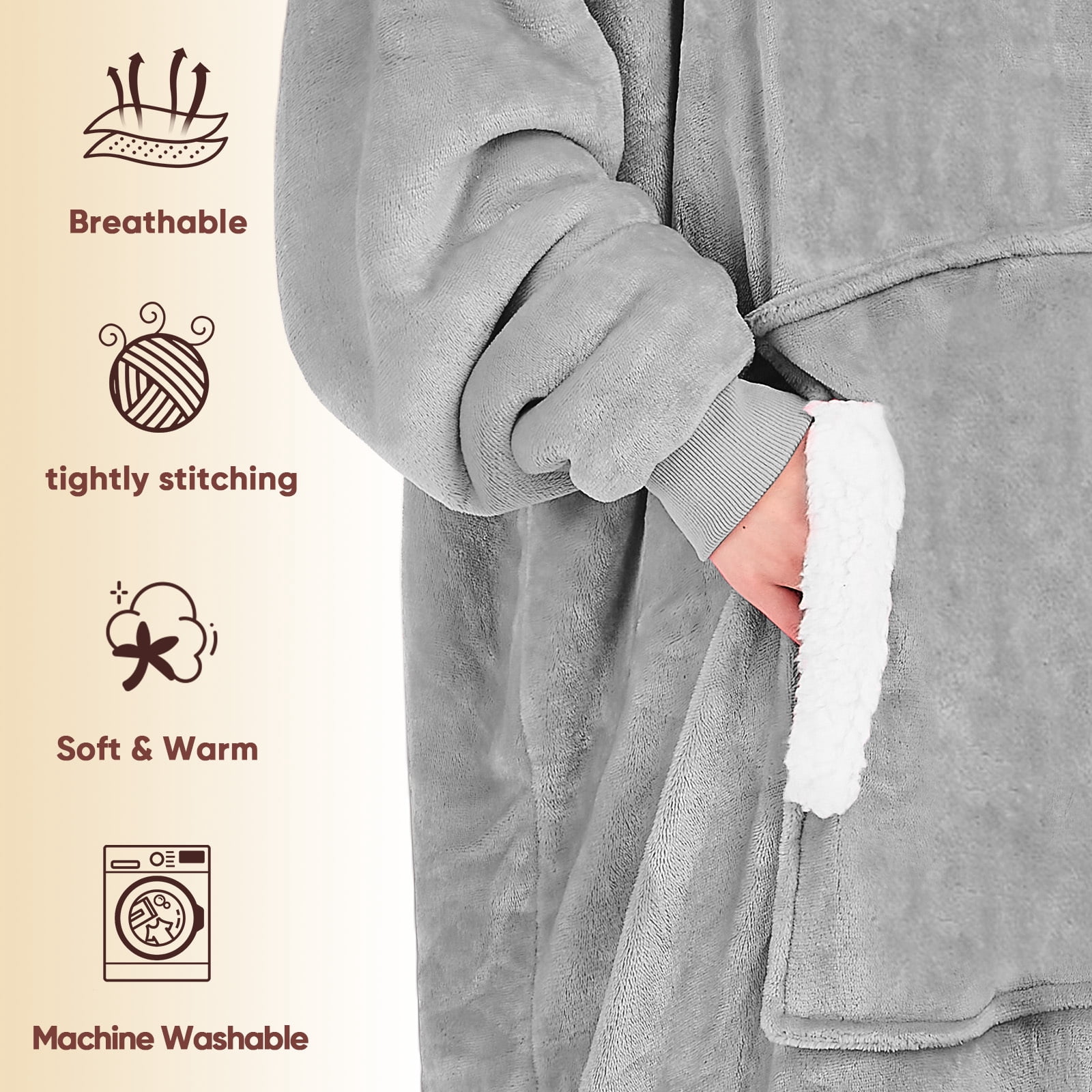 PMONPA Wearable Blanket Hoodie, Flannel Sherpa Fleece, Warm and Cozy Giant Sweatshirt for Adult, Woman and Man, One Size Fits All (Light Gray)