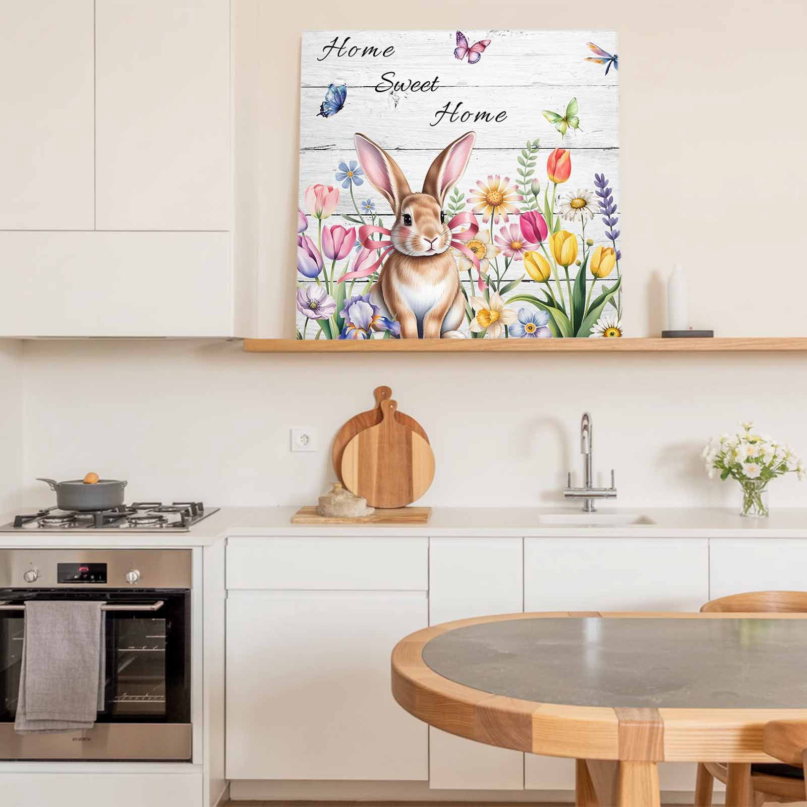 Sweet Home Framed Canvas Wall Art, Easter Bunny Spring Butterflies Flowers Wood Grain Wall Art Painting for Living Room Bedroom Home Decor, 24”x24”, Office Artwork Print