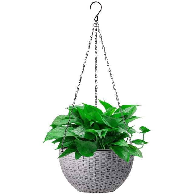 Cesta colgante, maceta de plástico, jardín de resina circular, maceta colgante para plantas de interior y exterior, 1 paquete de gris plateado