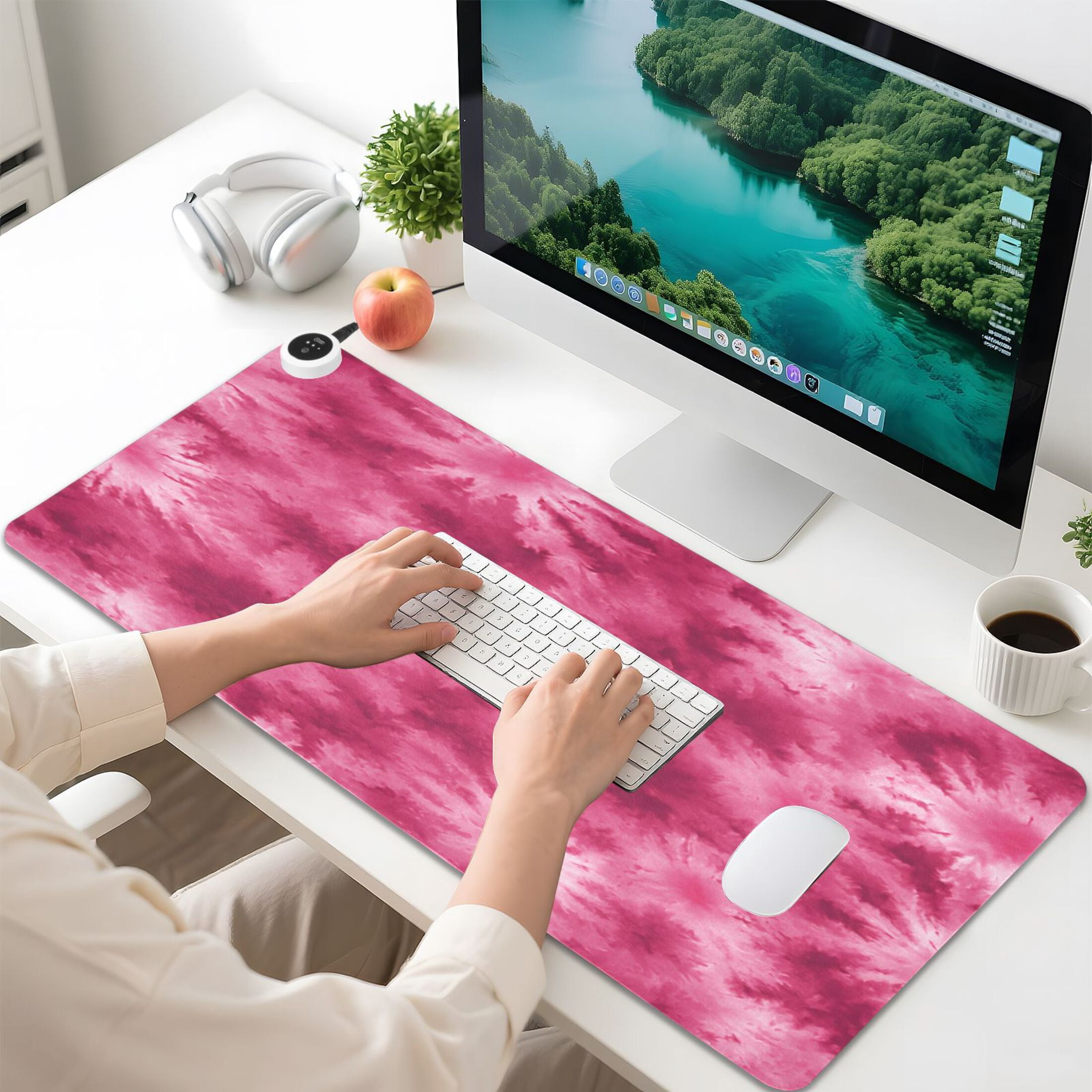 Large Heated Desk Mat Mouse Pad 31.5"x13"PU Leather Graphene Heating Desk Warmer with 3 Temperature Settings 110V US Plug Non-Slip Warm Pad for Home, Office, and Gaming Rose Red Tie-dye Pattern