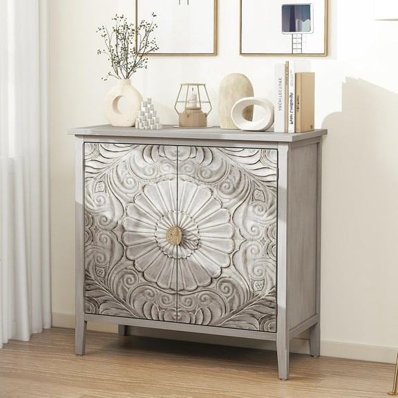 Hassch Vintage Buffet Sideboard Cabinet w/ Storage, 31.5" Accent Wooden Cabinet Credenza with Embossed Doors and Adjustable Shelf for Kitchen Dining Living Room Entryway (Light Gray)