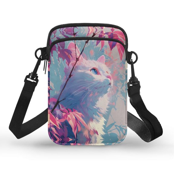 HELLHERO Cat and Maple Leaf Pattern Crossbody Small Bags Double Zipper Unisex for Travel Daily Use 4.33"x1.97"x7.09"
