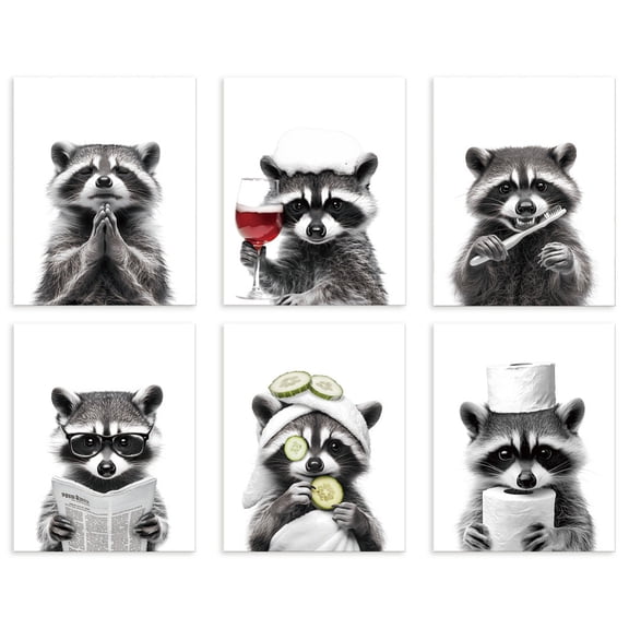6 Pack Raccoons Bathroom Unframed Waterproof Canvas Wall Art Decor 8" x 10" Animal Black and White Canvas Wall Poster for Living Room Bathroom Home