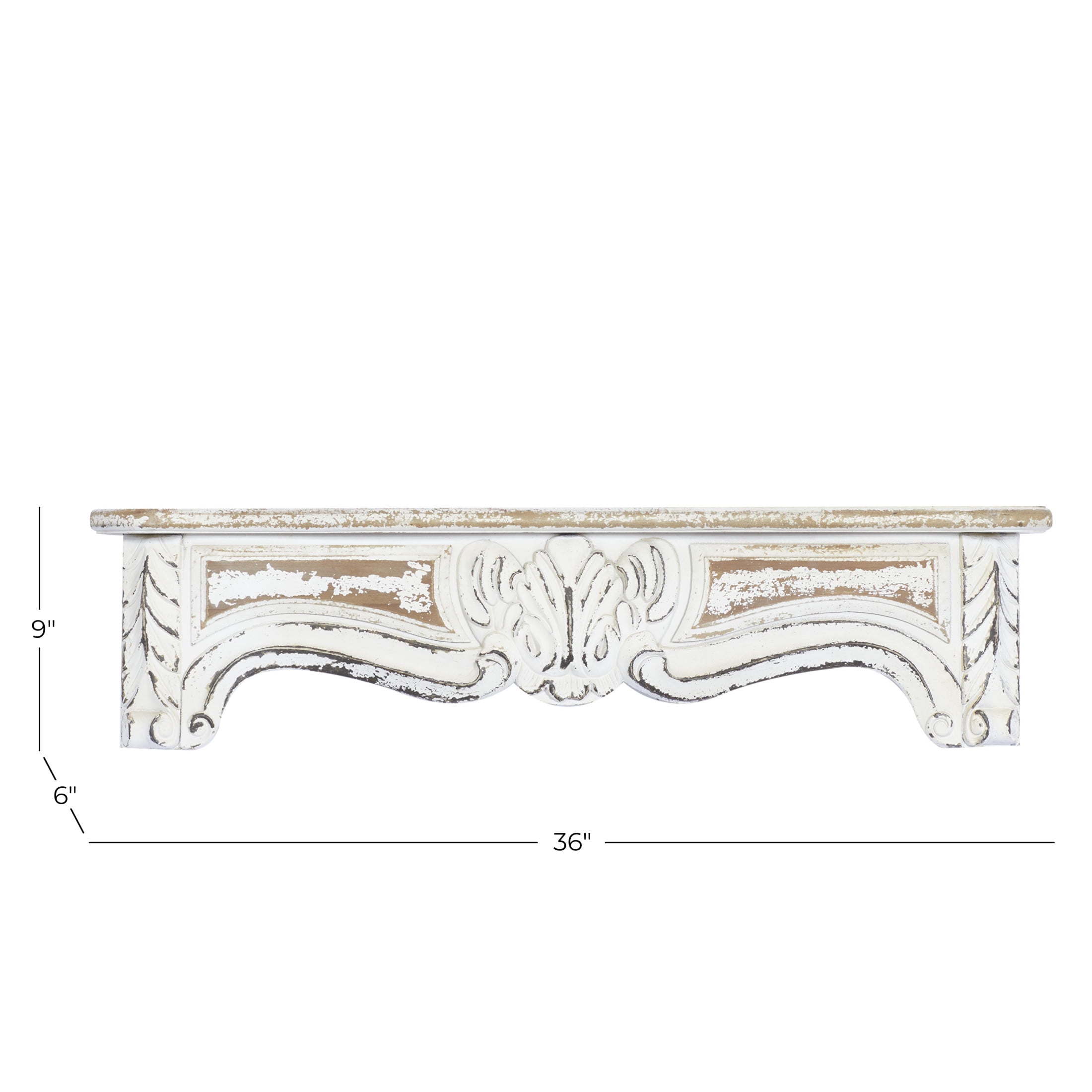 DecMode 36" x 6" Distressed 1-Tier White Scroll Wall Shelf