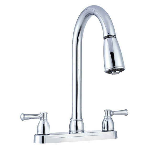 (DF-PK350L-CP) Non-Metallic Dual Lever Pull-Down RV Kitchen Faucet - Replacement Faucet for Motorhomes, 5th Wheel, Trailer, Camper (Chrome) By Dura Faucet