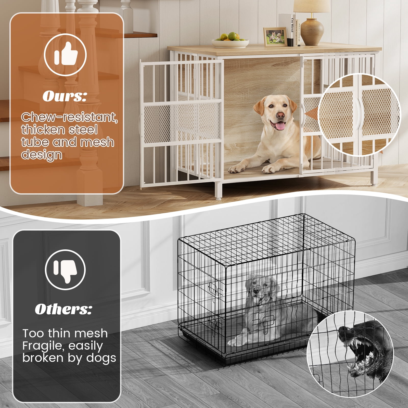 KINGTACK 41" Foldable Dog Crate Furniture, Heavy Duty Dog Cage for Medium Large Dogs, Chew Resistant Dog Kennel for Bedroom Living Room, White