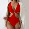 thumbnail image 2 of UTSJKR Women's Deep V Neck One Piece Swimsuit Cut Out Ring Linked Swimwear Summer Fashion Sexy Cut Out Bathing Suit Red S, 2 of 5