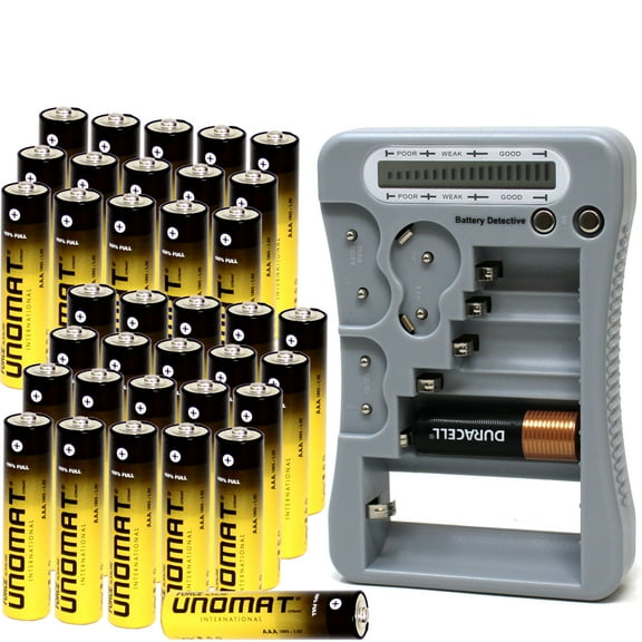 Battery Detective 12 Type Battery Tester (Grey) with LCD Display for Household Batteries AA AAA C D 9V CR2032 CR123A N/LR1 CR2 CR-V3 2CR5 CR-P2 1.5V/3V Button Cell Batteries AAA Batteries (36-Pack)