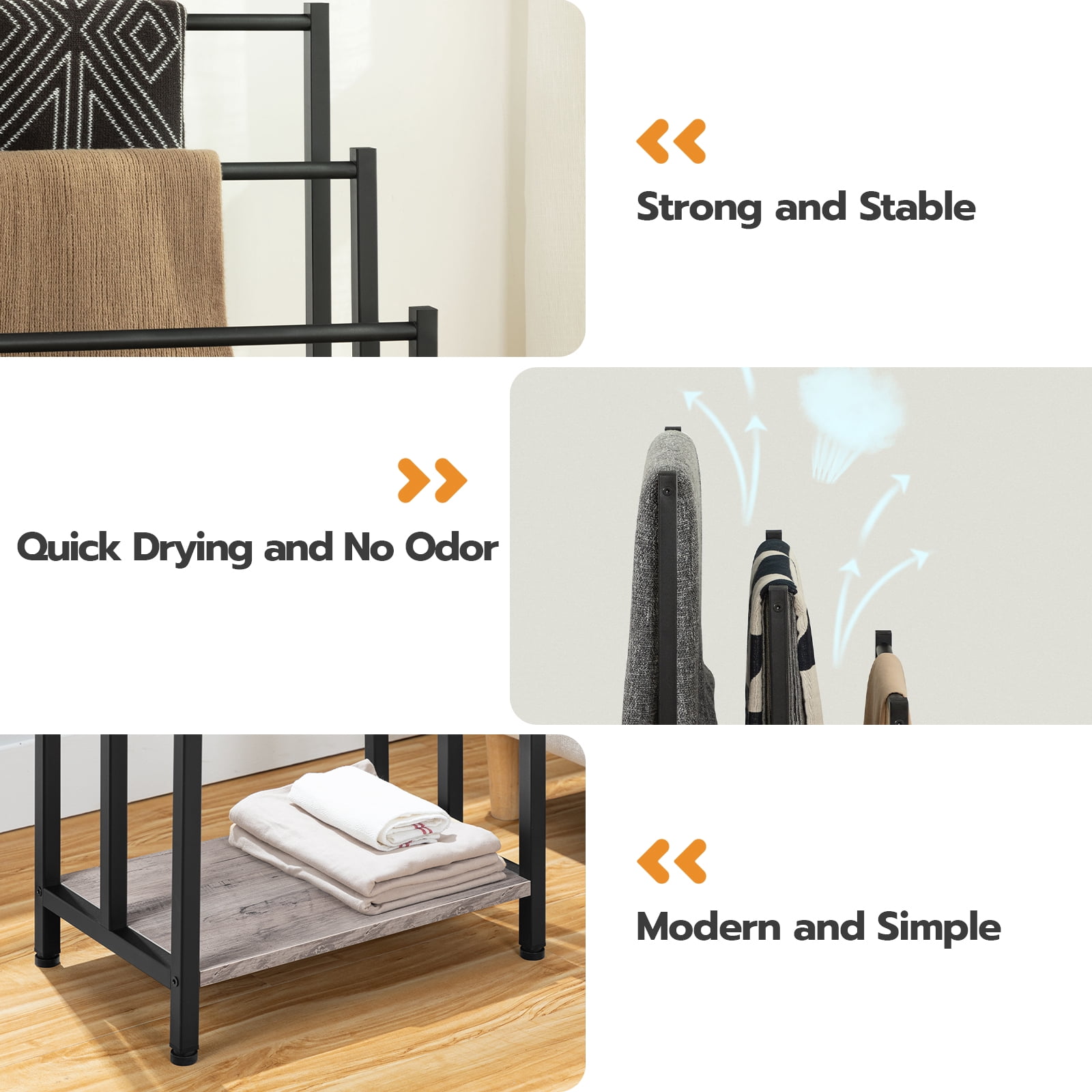 HOOBRO Free Standing Towel Rack, 3 Tier Blanket Rack, Blanket Holder for Bathroom, 16.9" L x 11" W x 31.9" H, Industrial Metal Drying and Display Rack with Shelf, Gray and Black BG03LB01