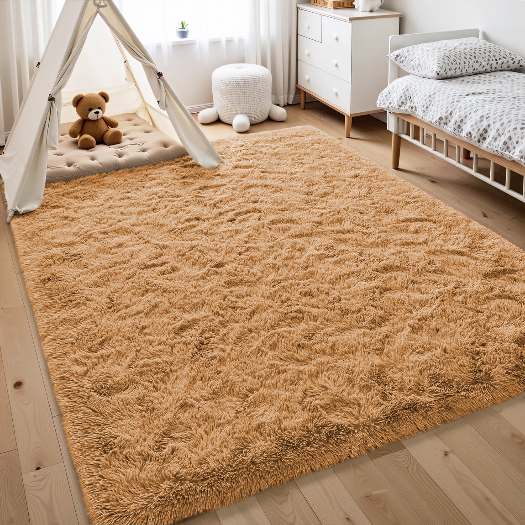 Nefoso Shag Area Rug, 8ft x 10ft Soft Fluffy Area Rugs for Living Room Bedroom Decor Carpet, Light Brown/Camel