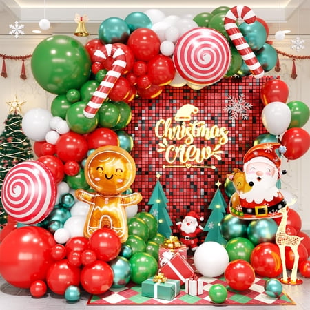 Christmas Balloon Garland Arch Kit Christmas Balloon Arch with Metallic Green Red White Latex Balloons Snowflake Santa Foil Balloons Candy Cane for Xmas New Year Party Decoration VT1