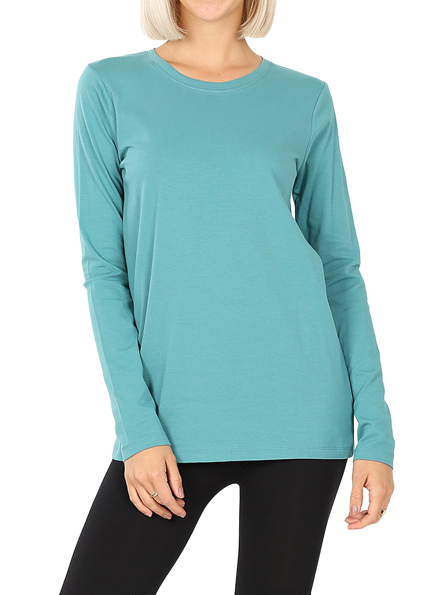 Zenana Women u0026 Plus Basic Round Crew Neck Long Sleeve Stretch Cotton  Spandex T-Shirts - Walmart.com
