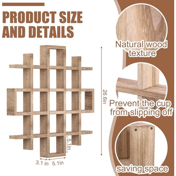 Oversize Wooden Wall Mounted Curio Shelf with 22 Slots for Coffee Mugs and Collectibles, Rustic Floating Display Rack