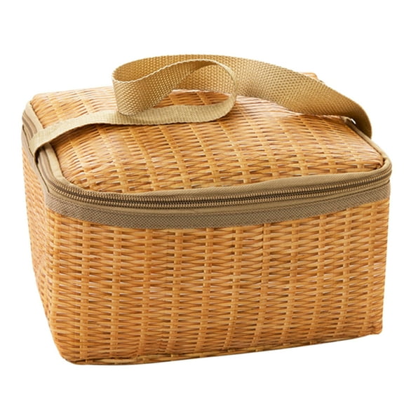Monyance rattan storage bag Imitation Wicker Picnic Basket Insulated Lunch Bag Reusable Cooler Box(8.66X5.51X4.72Inches)