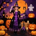 thumbnail image 4 of REDARER Girls Halloween Witch Cosplay Dress Web Print Ruffled Layered Gown with Witch Hat for Halloween Play Fancy Dress Party Role Play Outfit,7-9 Years, 4 of 6