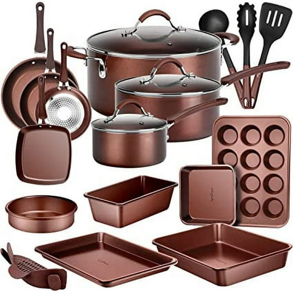 NutriChef 20-Pc. Nonstick Kitchen PTFE/PFOA/PFOS-Free Heat Resistant Silicone Handles Cookware Bakeware Set w/Saucepan, Brown-NCCW20SBR, Brown