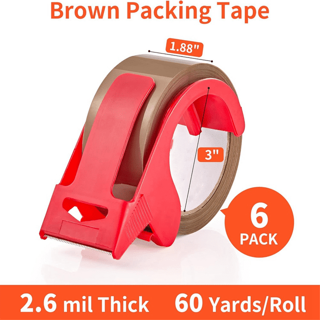 6 Rolls Brown Packing Tape with Dispenser, Heavy Duty Packaging Tape Refills, 1.88 Inches Wide, 60 Yards Per Roll