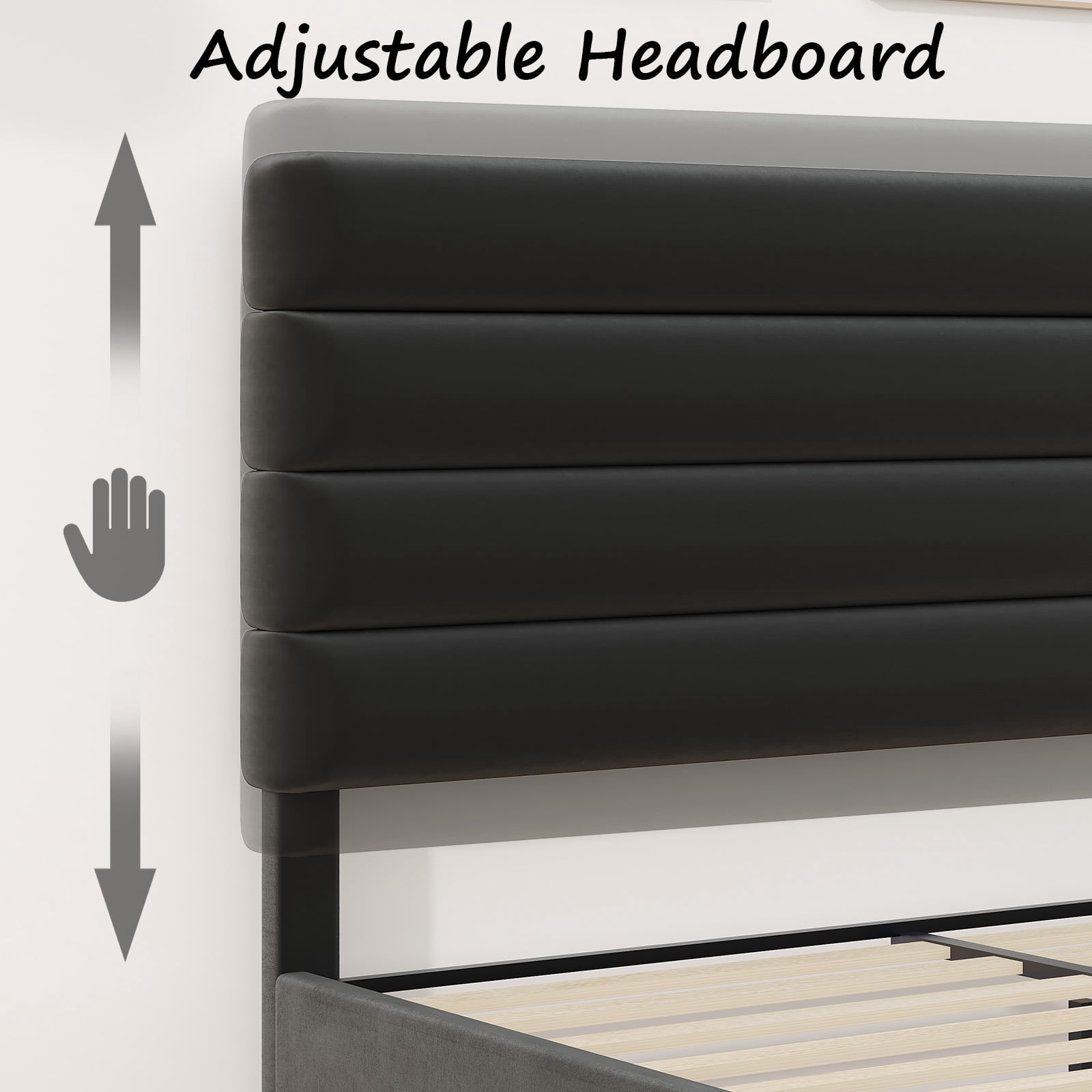 4 EVER WINNER Queen Size Platform Bed Frame, Horizontal Stitched Black Velvet Upholstered Headboard, Solid Wooden Slat Support, Noise-Free, No Box Spring Needed