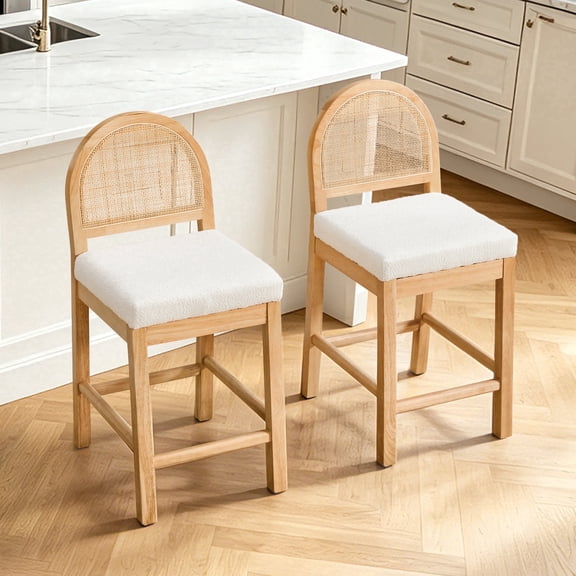 Lessmore Handwoven Rattan Counter Height Bar Stools Set of 2 Wooden Barstools with Natural Rattan Back for Kitchen Island