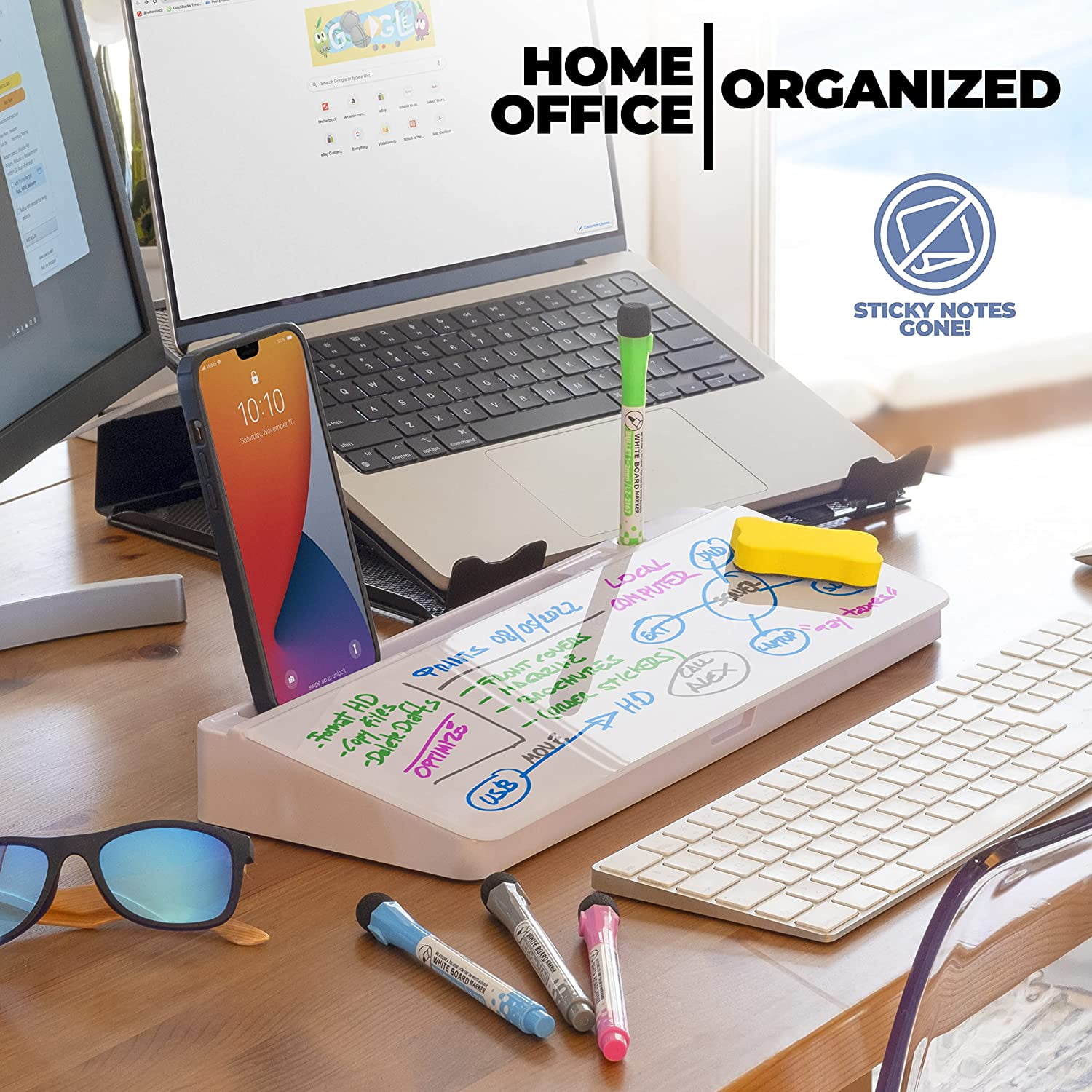 Desktop Whiteboard with Storage Compartment and Phone & Tablet Slot - Includes 4 Markers, 1 Eraser