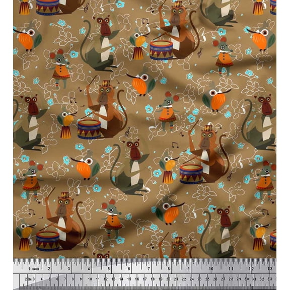 Soimoi Poly Georgette Fabric Musical Instruments,Monkey & Rat Cartoon Printed Craft Fabric by The Yard 42 Inch Wide