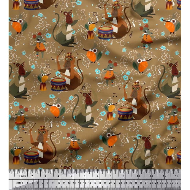 Soimoi Georgette Viscose Fabric Musical Instruments,Monkey & Rat Cartoon Decor Fabric Printed Yard 42 Inch Wide