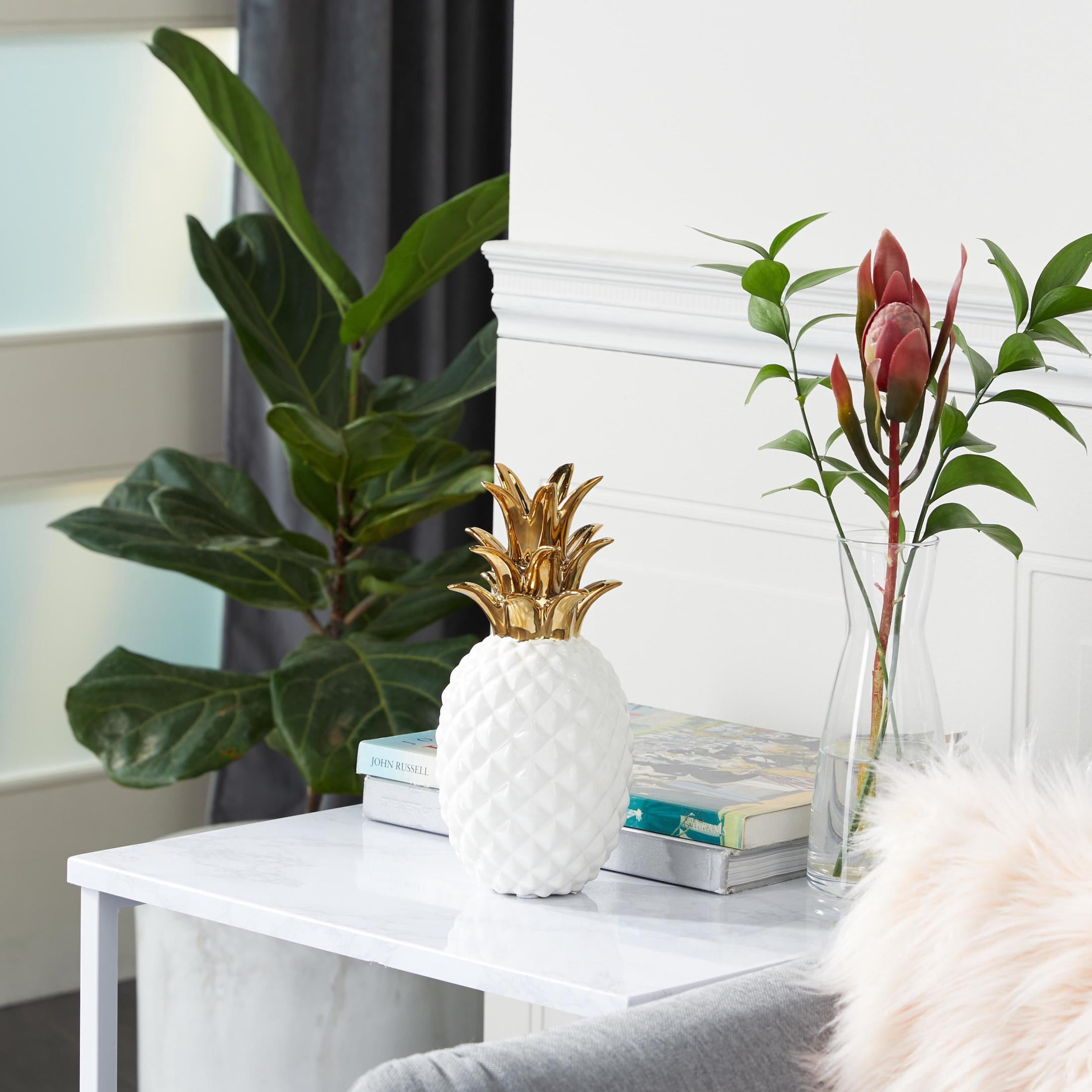 4" x 10" White Porcelain Ceramic Faceted Pineapple Fruit Sculpture with Gold Leaves, by CosmoLiving by Cosmopolitan