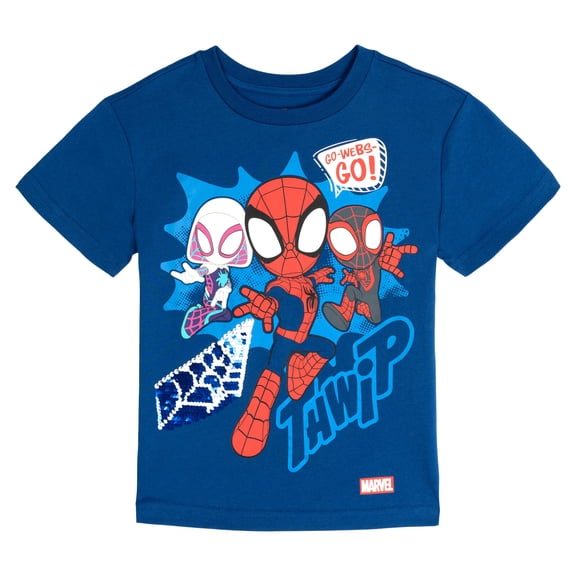 Marvel Spidey and His Amazing Friends Spider-Man Miles Morales Ghost-Spider Sequin Drop Shoulder T-Shirt Toddler to Little Kid