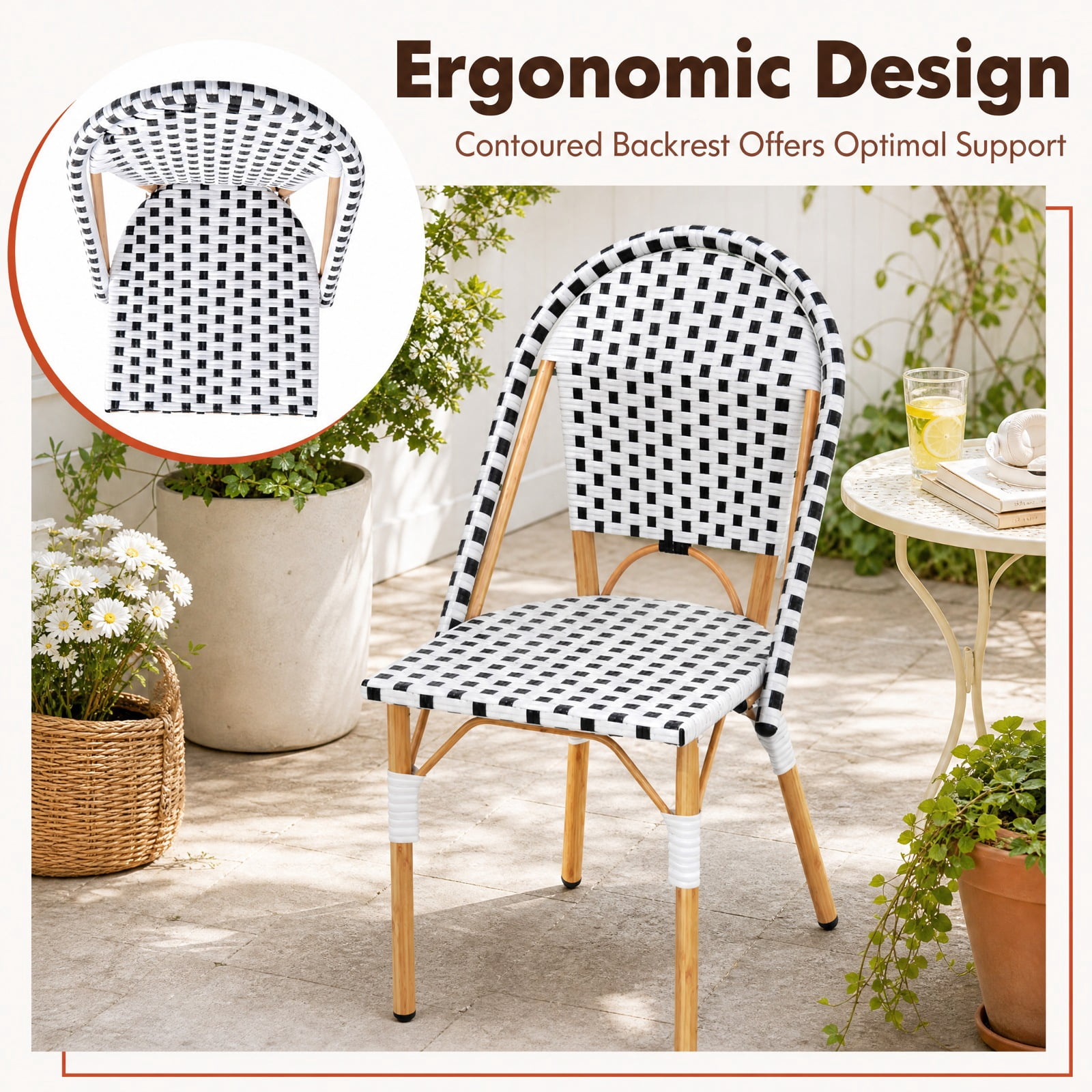 Furnibear French Bistro Chair Set of 2 with Hand-Woven PE Rattan Seats and Galvanized Metal Frame for Patio Garden and Balcony, White