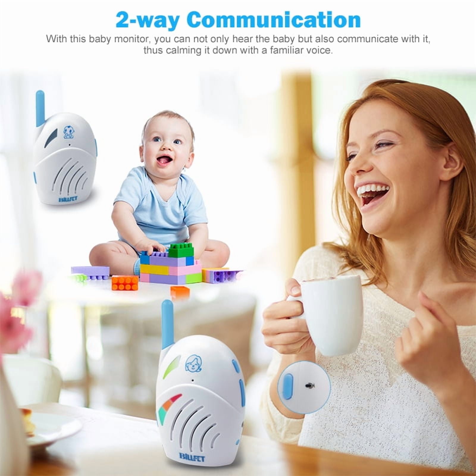 Upgraded audio baby monitor with USB charging cable for use with power banks, long range and crystal clear sound