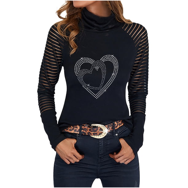 Moda mujer cuello alto ahueca hacia fuera la camiseta de manga larga otoño blusa sólida Tops Fridja hkj3914