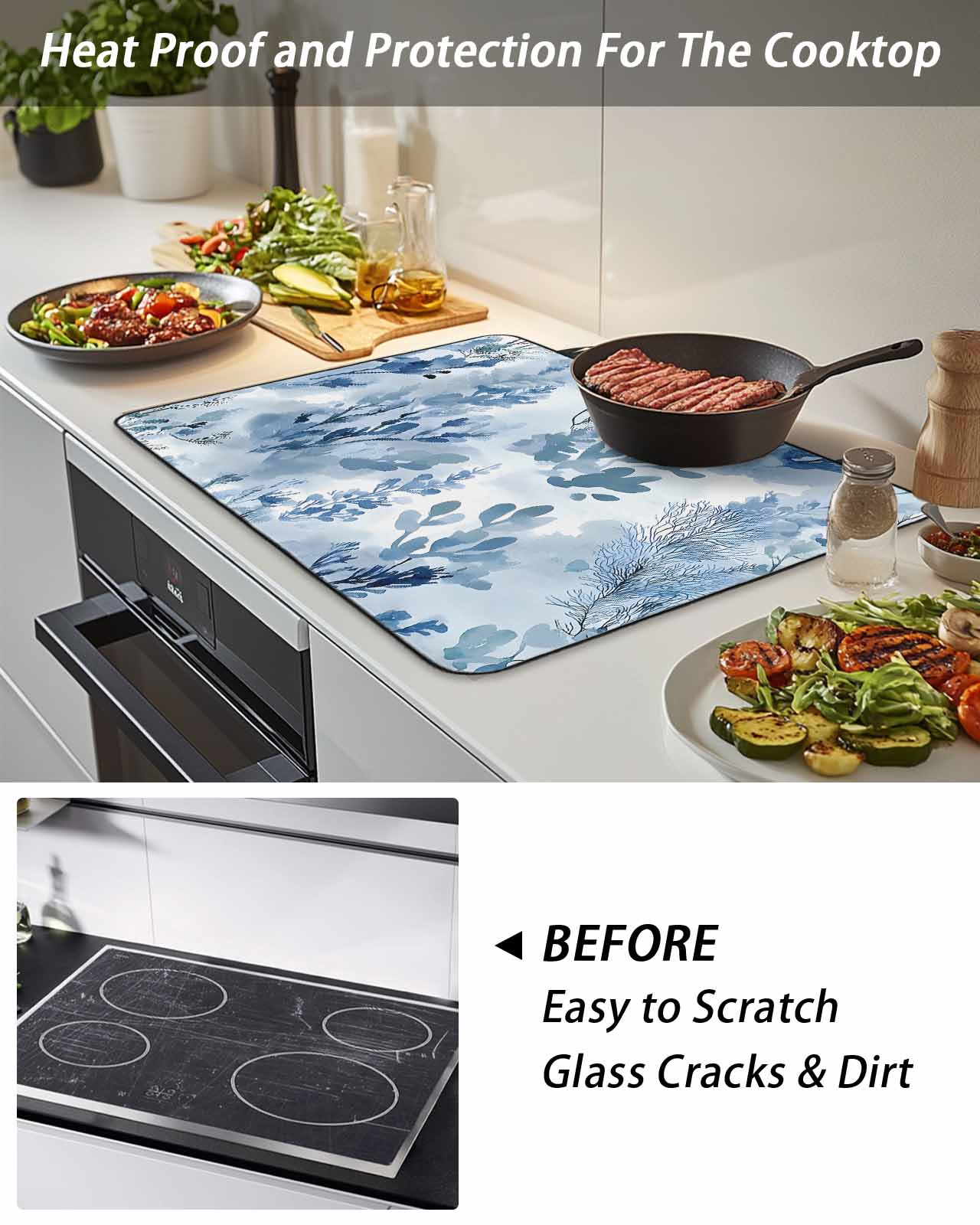 Stove Top Covers for Electric Stove 36x21 Inches, Blue Botanical Art Heat Insulation Fireproof Glass Cooktop Protector, Modern Pastoral Watercolor Leaf Countertop Stovetop Cover for Kitchen