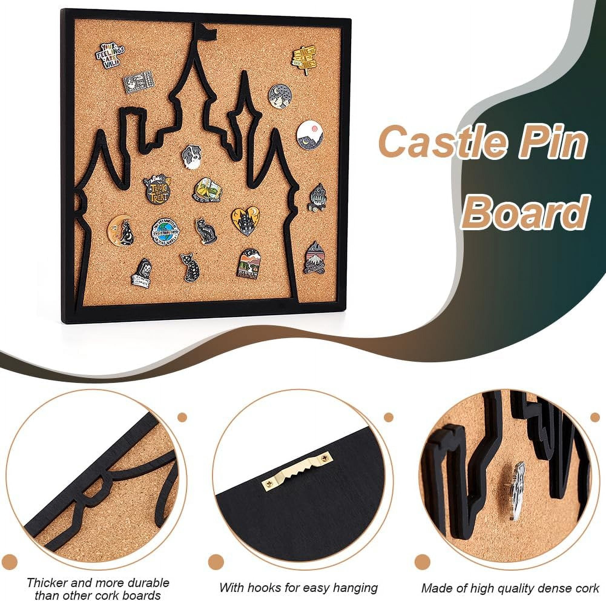 1pc Square Castle Pin Board Cork Board 11.8x11.8inch Bulletin Display Board Wall Mounted Cork Board with Black Frame for Brooch Pin Storage Display Office Home and School Decor
