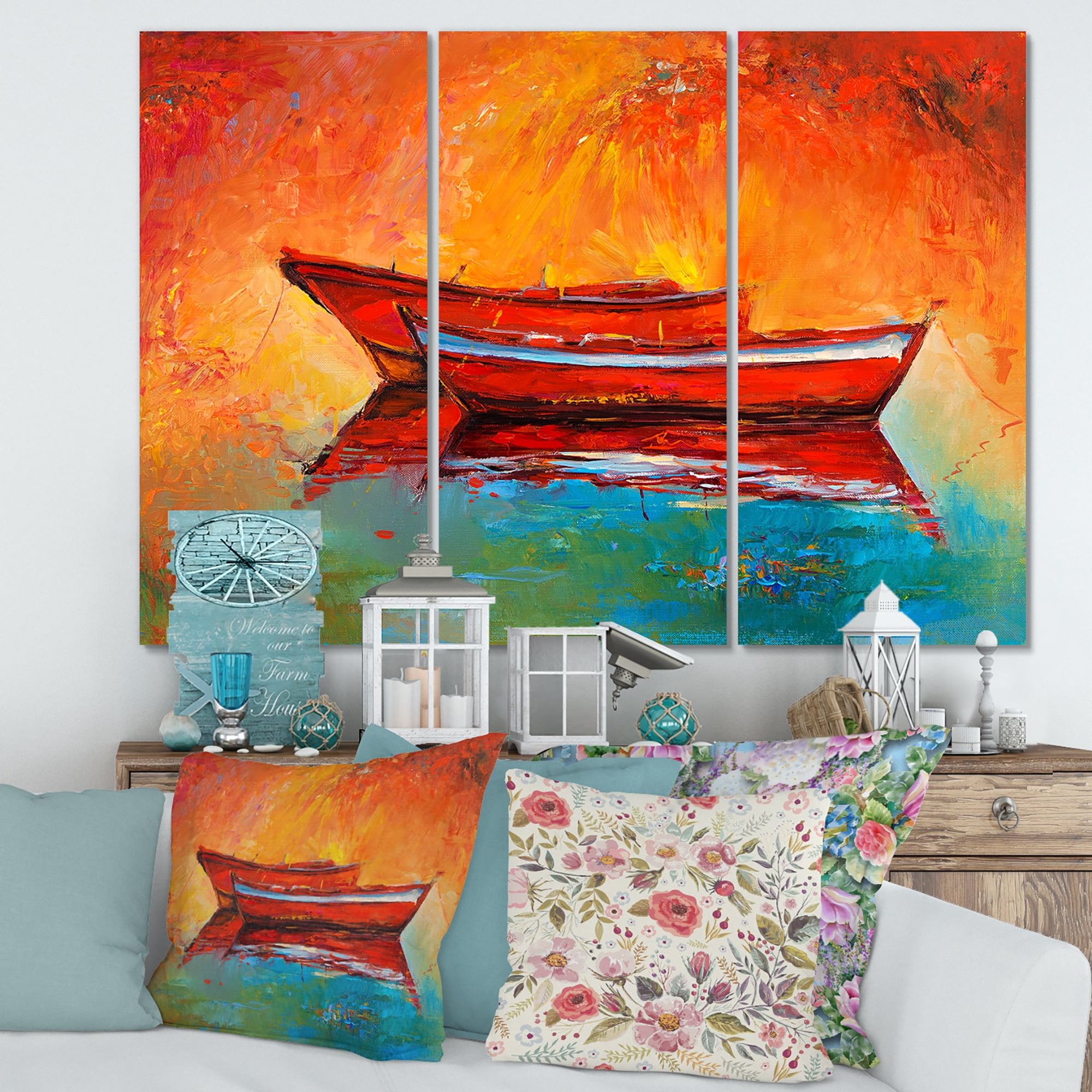 Designart ' Two Red Boats During Sunset In Lake ' Nautical & Coastal Canvas Wall Art Print