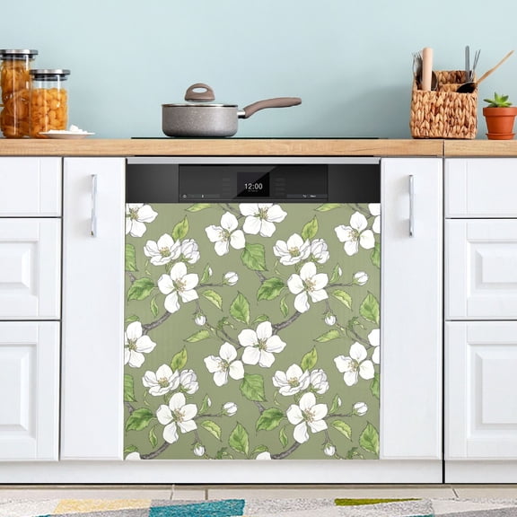 Dailycode Dishwasher Magnet Cover Magnetic Fridge Door Cover Home Kitchen Decor, Vintage White Flower Green Leaves, 23"x 26"