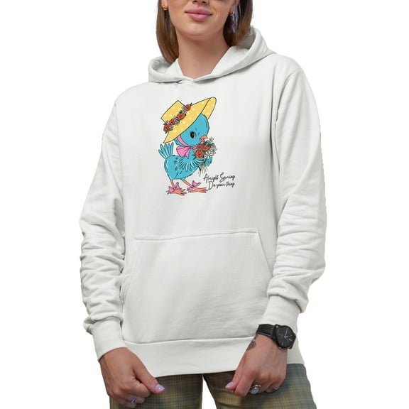 Distressed Alright Spring, Do Your Thing Quote - Cute Bird Holding Flowers Art Merch Gift, White Hooded Sweatshirt or Hoodie, Small