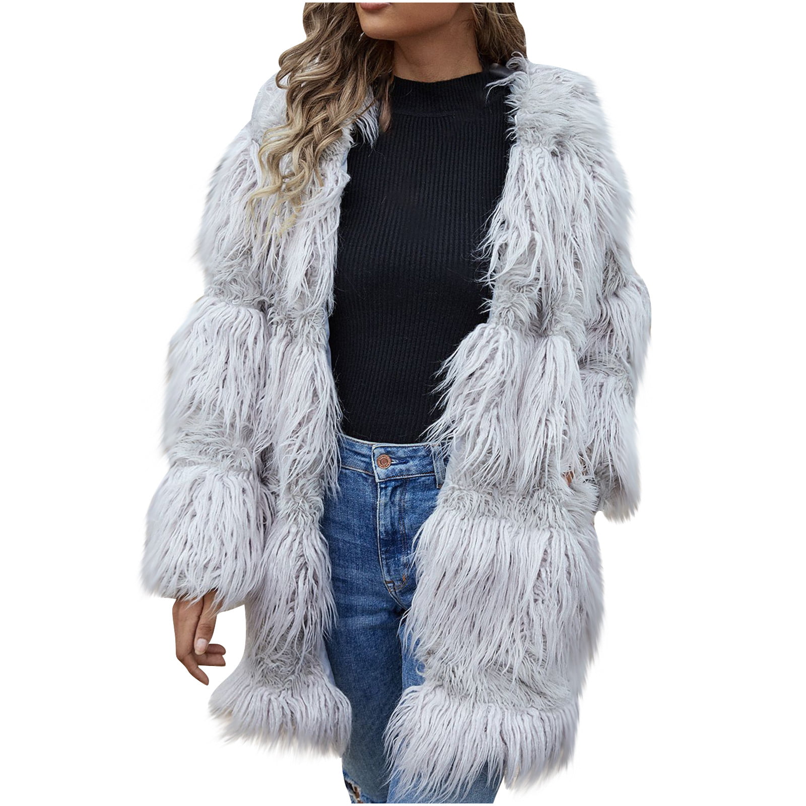 Yanvan Womens Casual Coats Faux Fur Pockets Fuzzy Warm Winter Oversized Outwear Long Coat 