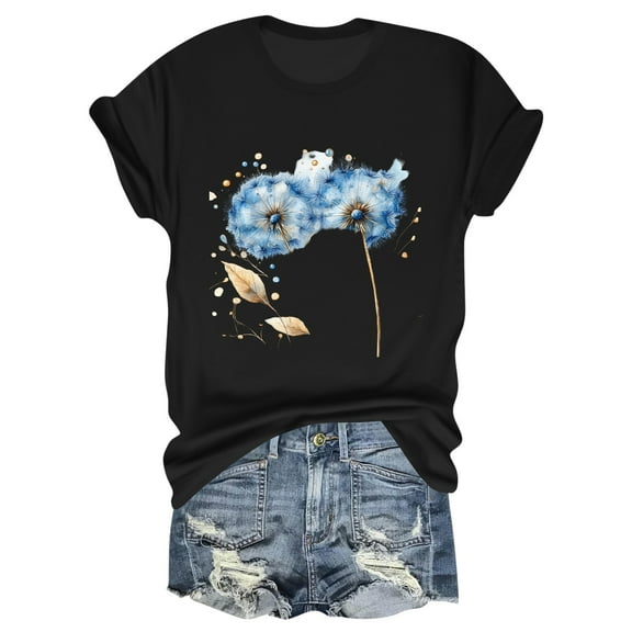 NAMTYQX Womens Graphic T Shirts Basic Scoop Neck Loose Print Short Sleeve Plus Size Stretch Cool Bedruckte Casual Tops for Women Black Size XL