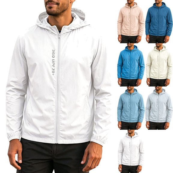 Men's UPF 50 Sun Protection Athletic Shell Jacket Lightweight Quick Dry Hooded Windbreaker with Zip Pockets for Hiking Fishing Travel, White, M